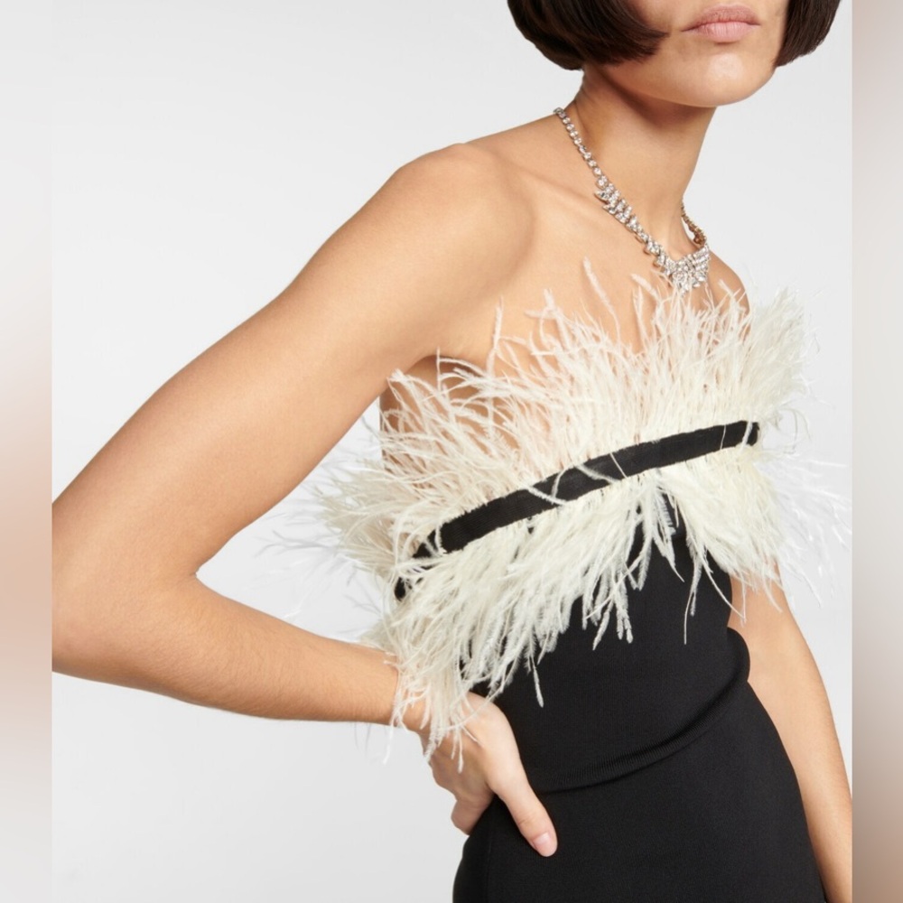 Stunning black/ivory Staud - Nellie feather-trimmed midi dress😍 - Picture 7 of 13